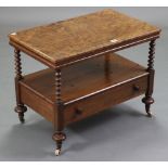 A Victorian burr-walnut & mahogany rectangular two-tier whatnot, (reduced in height), fitted long