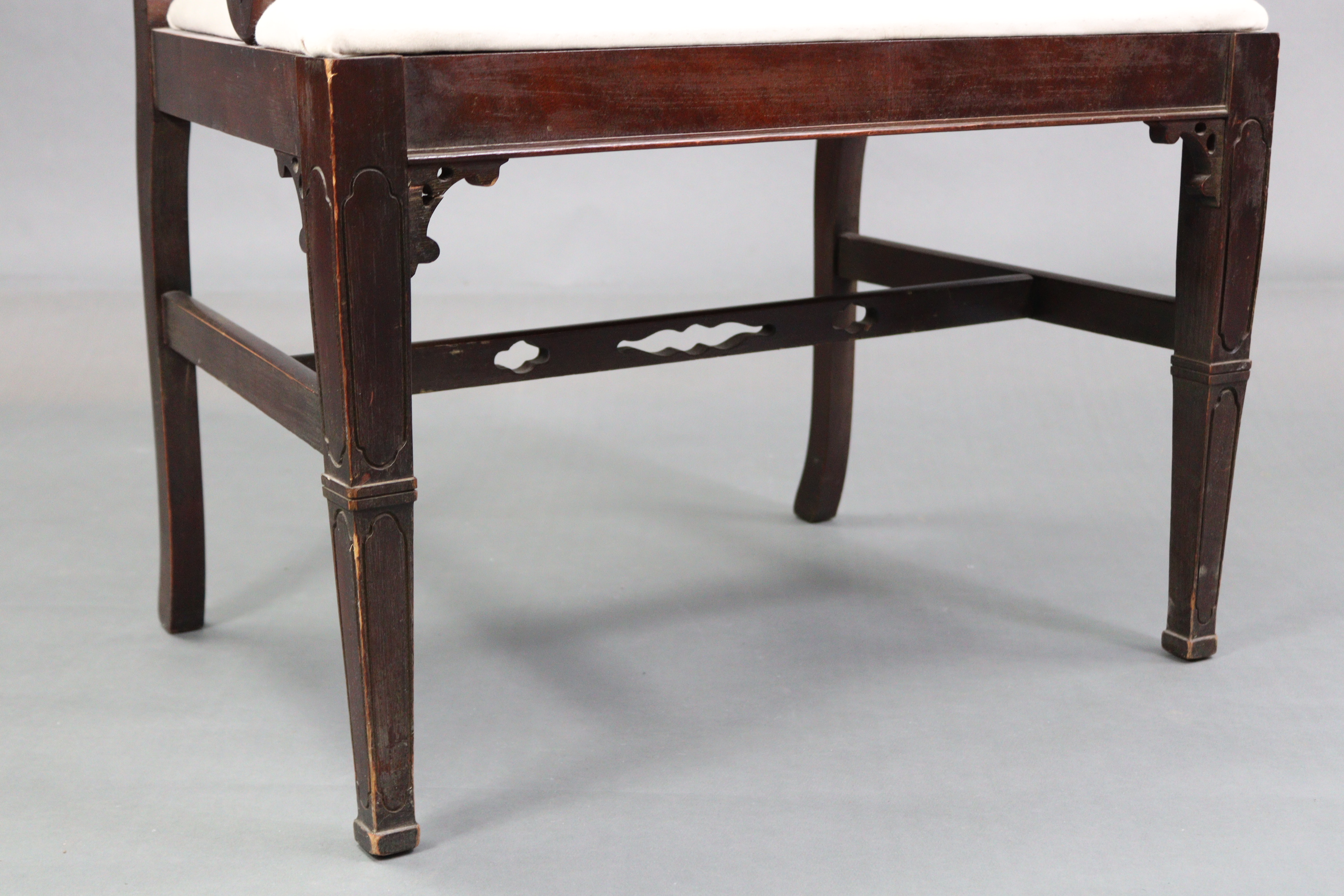 A 19th century style mahogany stool with pierced splats to the back, with open scroll arms, padded - Image 2 of 3