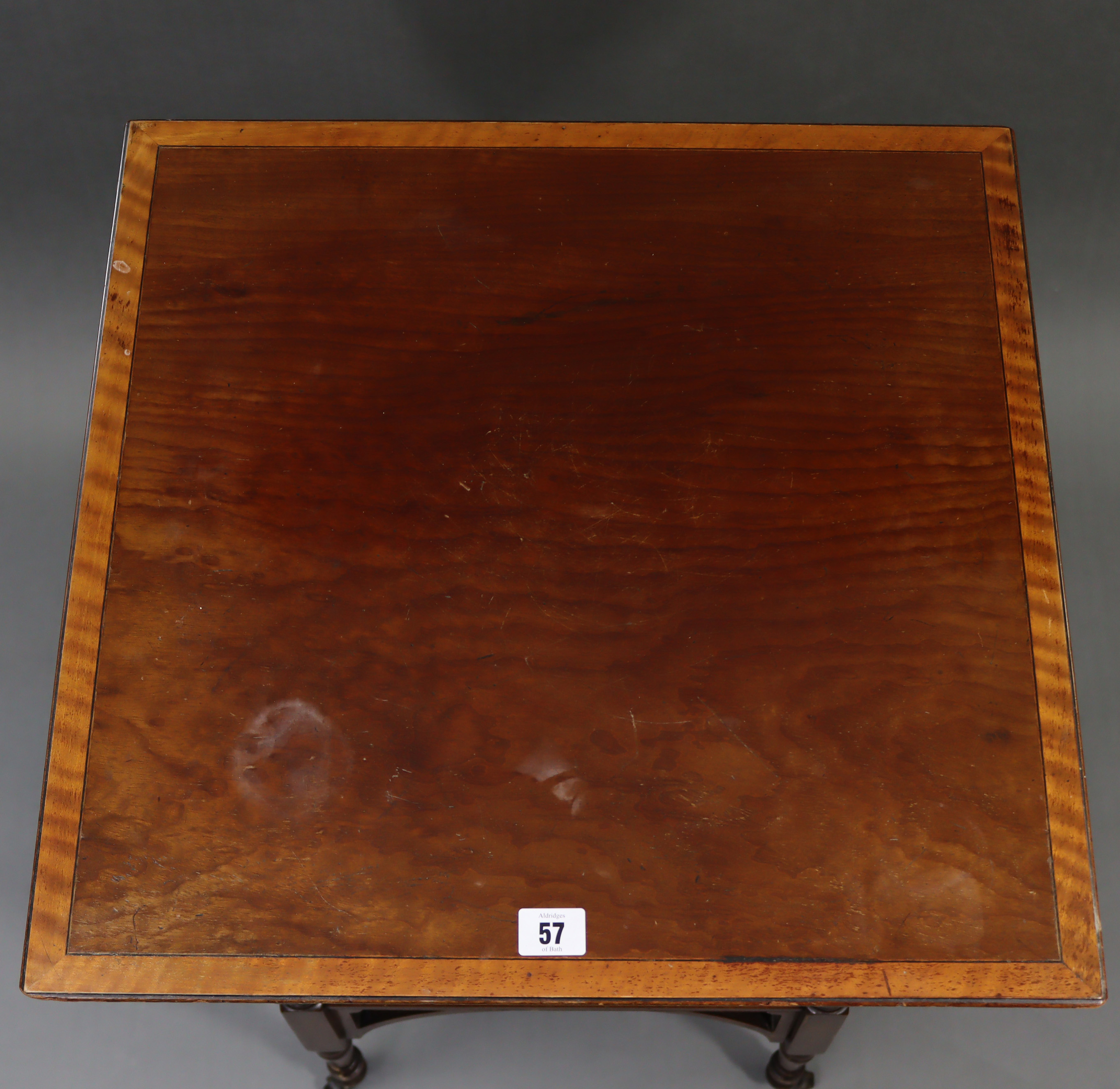 A late Victorian mahogany cross-banded square two-tier occasional table on turned supports with - Image 2 of 4