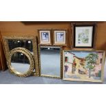 Three gilt frame wall mirrors; together with various decorative pictures; a copper jardinière, etc.