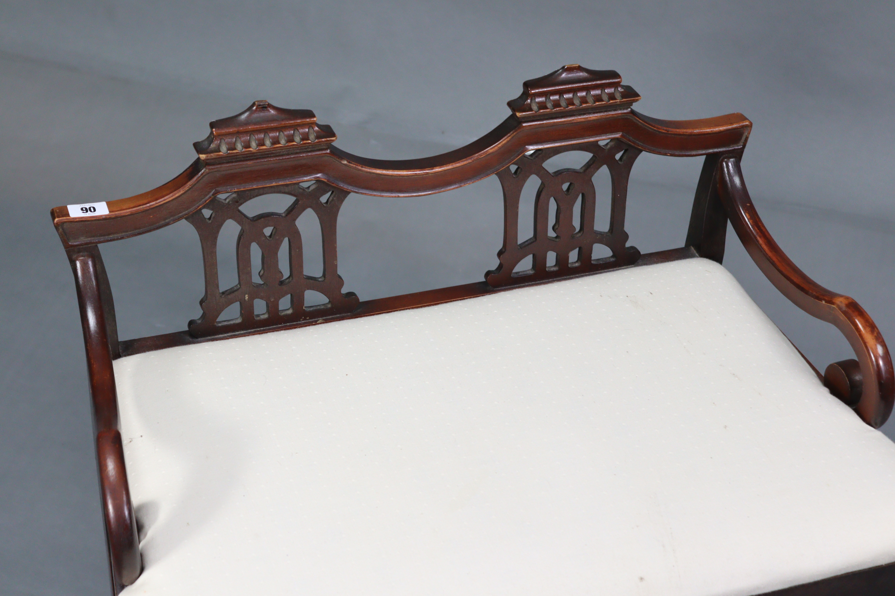 A 19th century style mahogany stool with pierced splats to the back, with open scroll arms, padded - Image 3 of 3