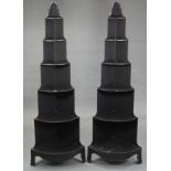 A pair of Chinese style ebonised & gold-finish wooden six-tier standing corner whatnots, 24” wide