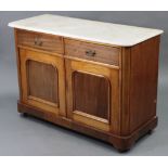 A Victorian mahogany marble-top washstand inset tiles to the stage-back, fitted two frieze drawers