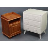 A white painted wooden small chest fitted three long drawers, & on splay legs, 23½” wide x 28½” high