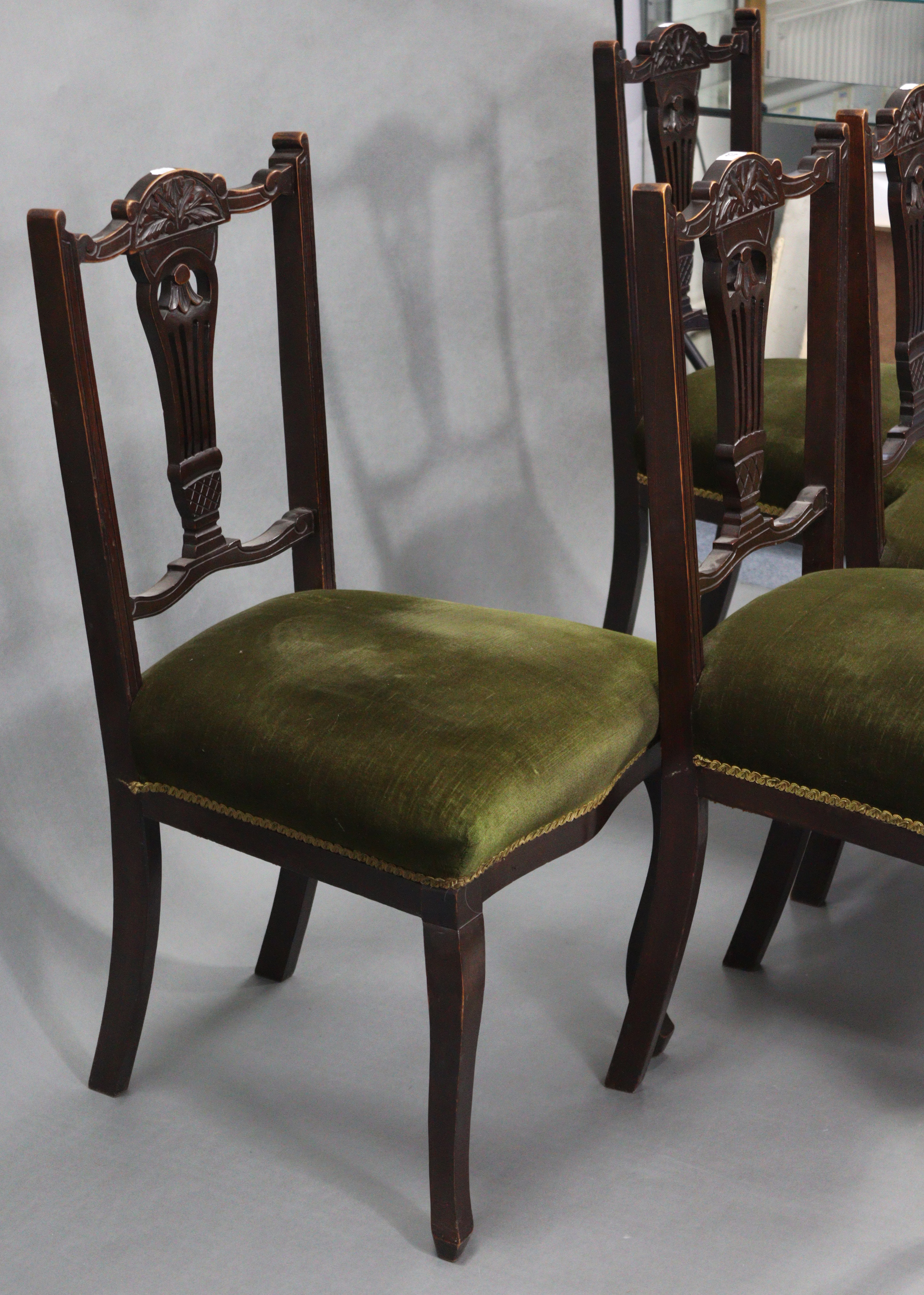 A set of four late Victorian beech splat-back dining chairs with padded seats, & on cabriole legs. - Image 2 of 2