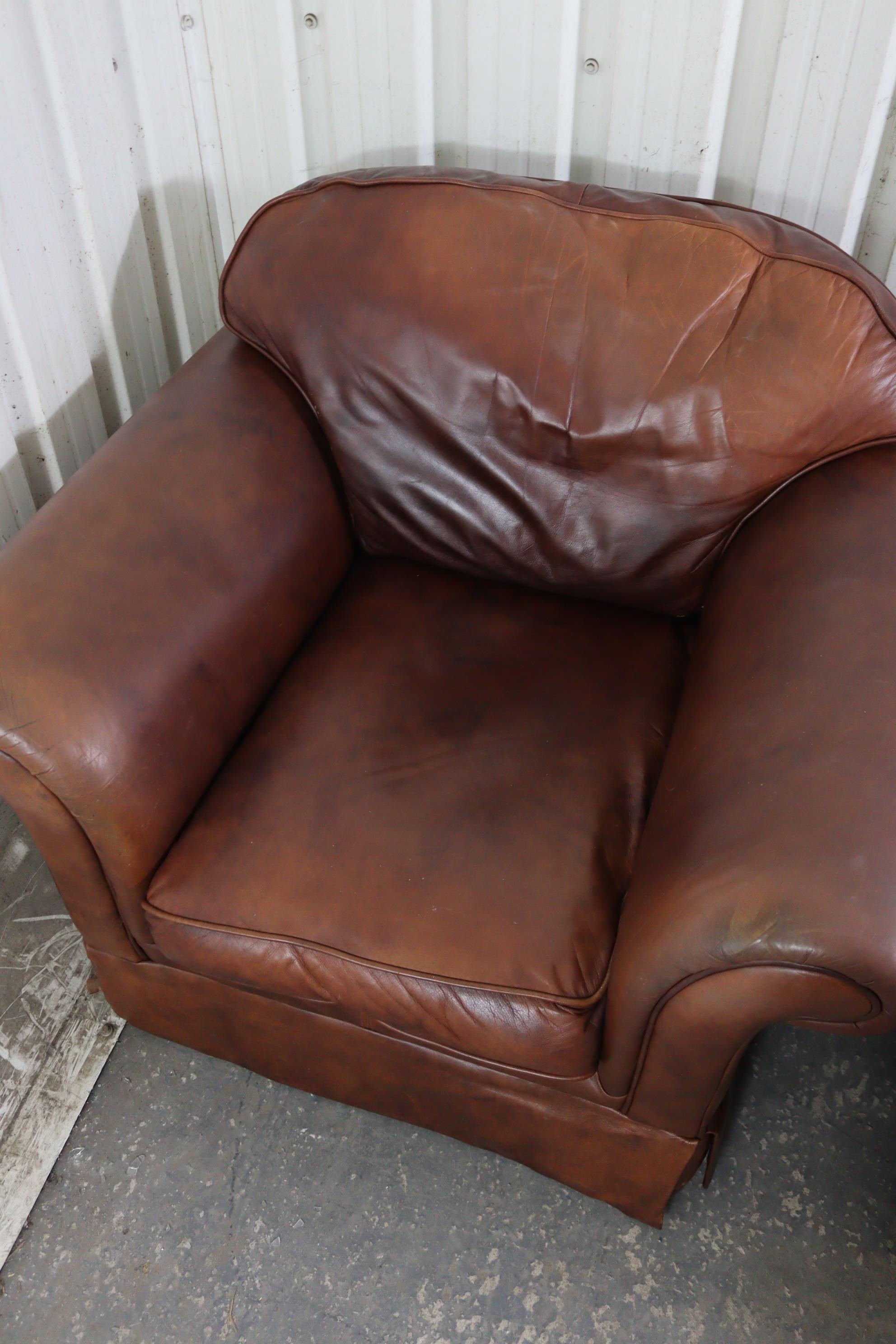 A tan leather three-piece lounge suite comprising of a two-seater settee, 59” long, & a pair of - Image 9 of 10