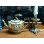 A silver plated teapot of oval semi-fluted design; together with various other items of platedware &