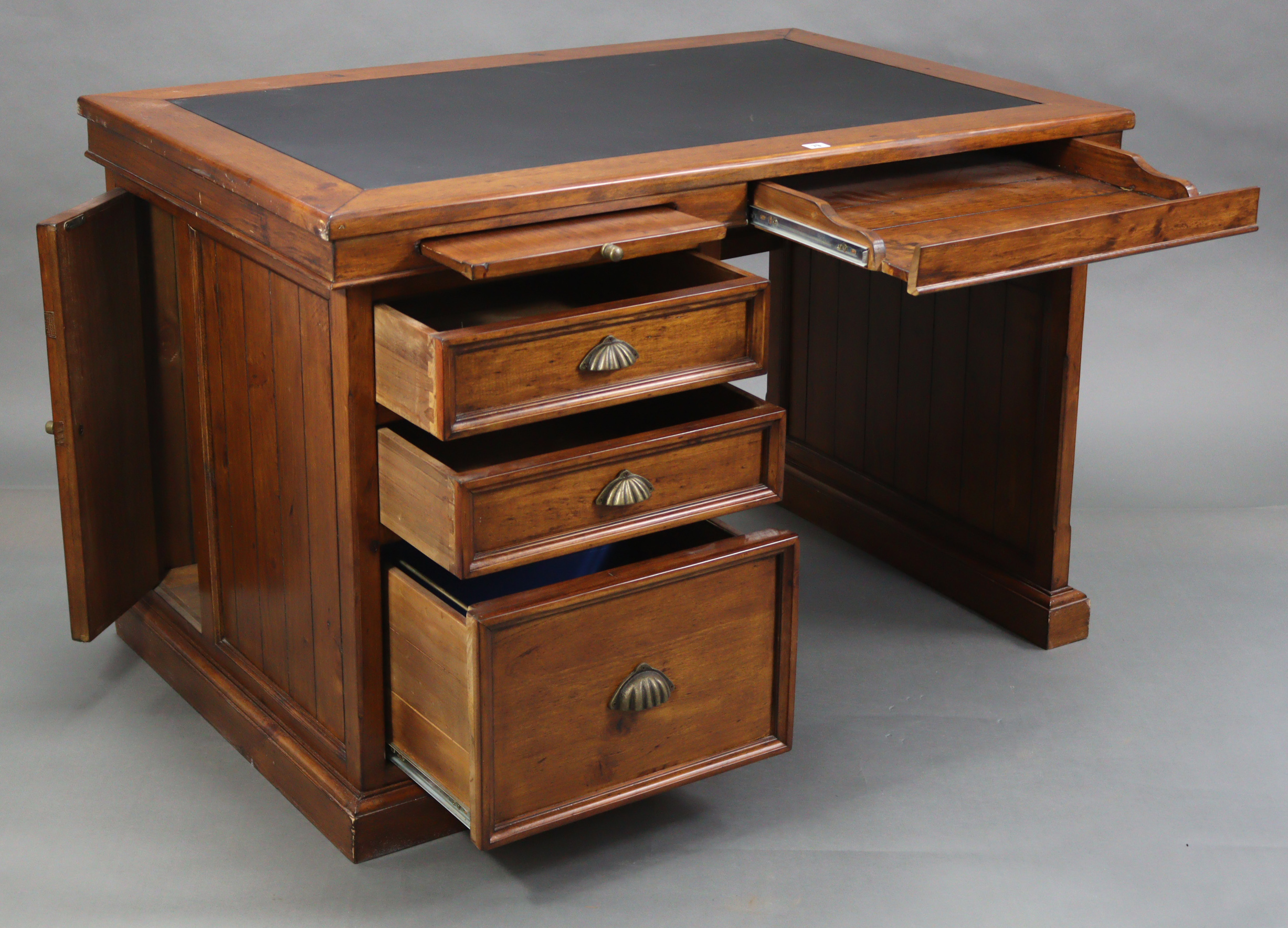 A stained pine office desk, inset black leatherette to the rectangular top, fitted two brushing - Image 3 of 7