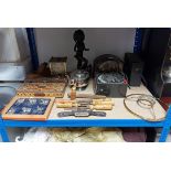 Two mantel clocks; a cast-iron kitchen scale; various vintage tools; & sundry other items.