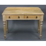 A late Victorian pine side table fitted two frieze drawers, & on ring-turned tapered legs, 42”