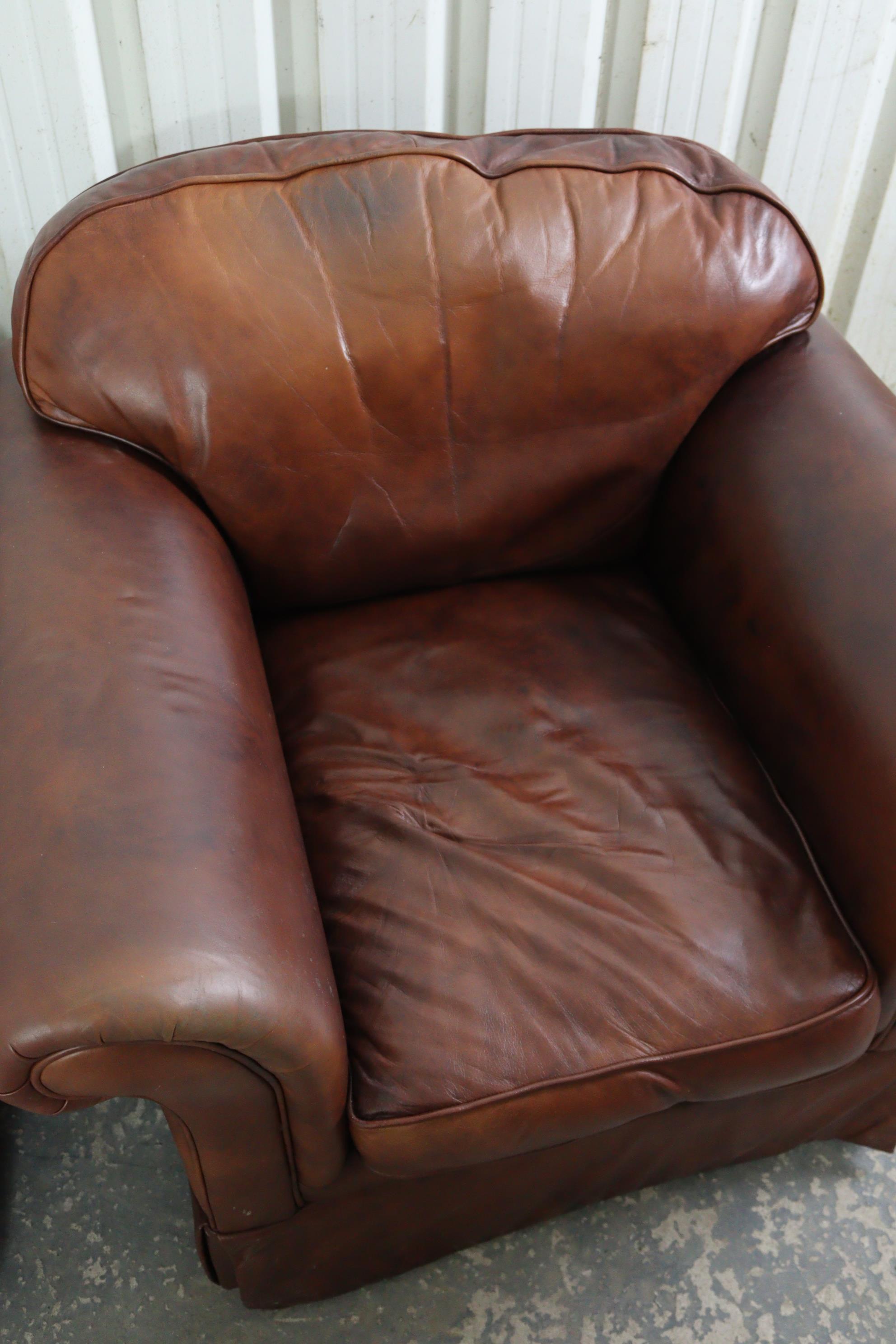 A tan leather three-piece lounge suite comprising of a two-seater settee, 59” long, & a pair of - Image 10 of 10