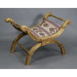 A 19th century-style giltwood stool with padded seat, & on X-shaped supports with turned spindles (