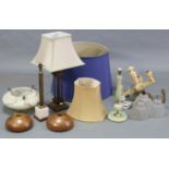 Three table lamps, each with shade; together with various other light fittings.