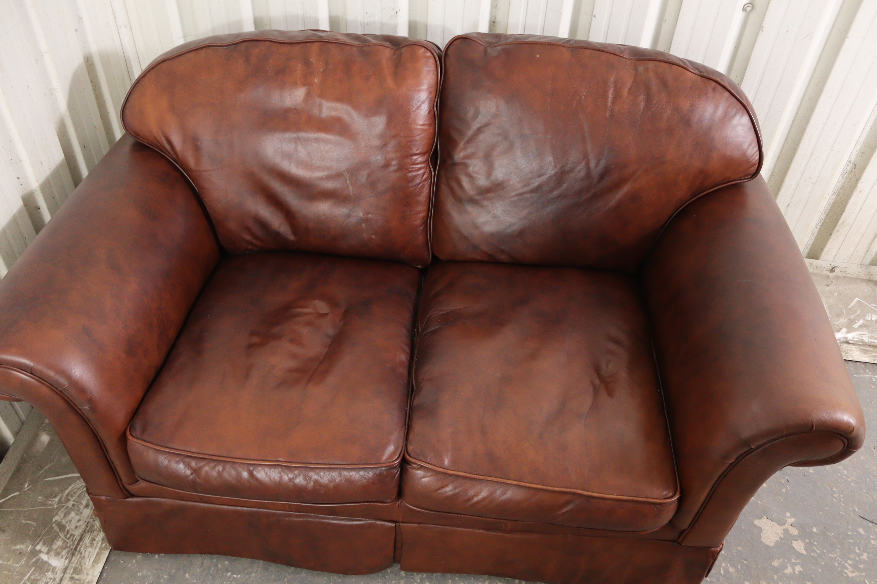 A tan leather three-piece lounge suite comprising of a two-seater settee, 59” long, & a pair of - Image 5 of 10