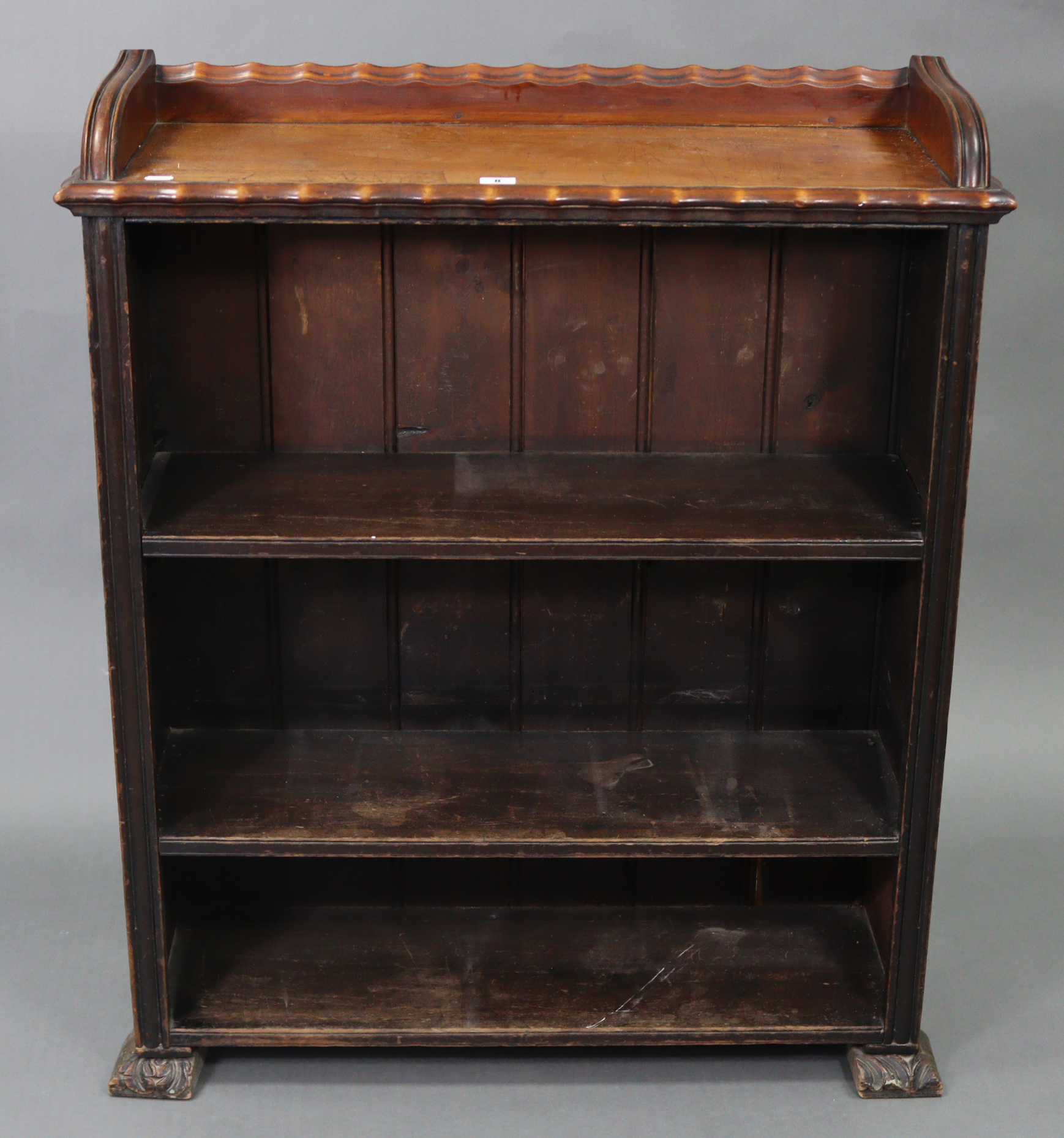 A Victorian walnut tray-top three-tier standing open bookcase, on carved block feet, 33” wide x - Image 3 of 4