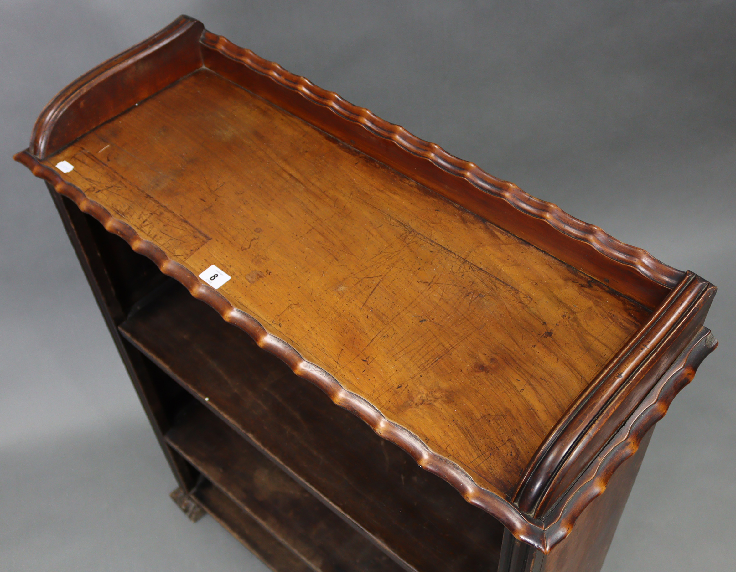 A Victorian walnut tray-top three-tier standing open bookcase, on carved block feet, 33” wide x - Image 2 of 4