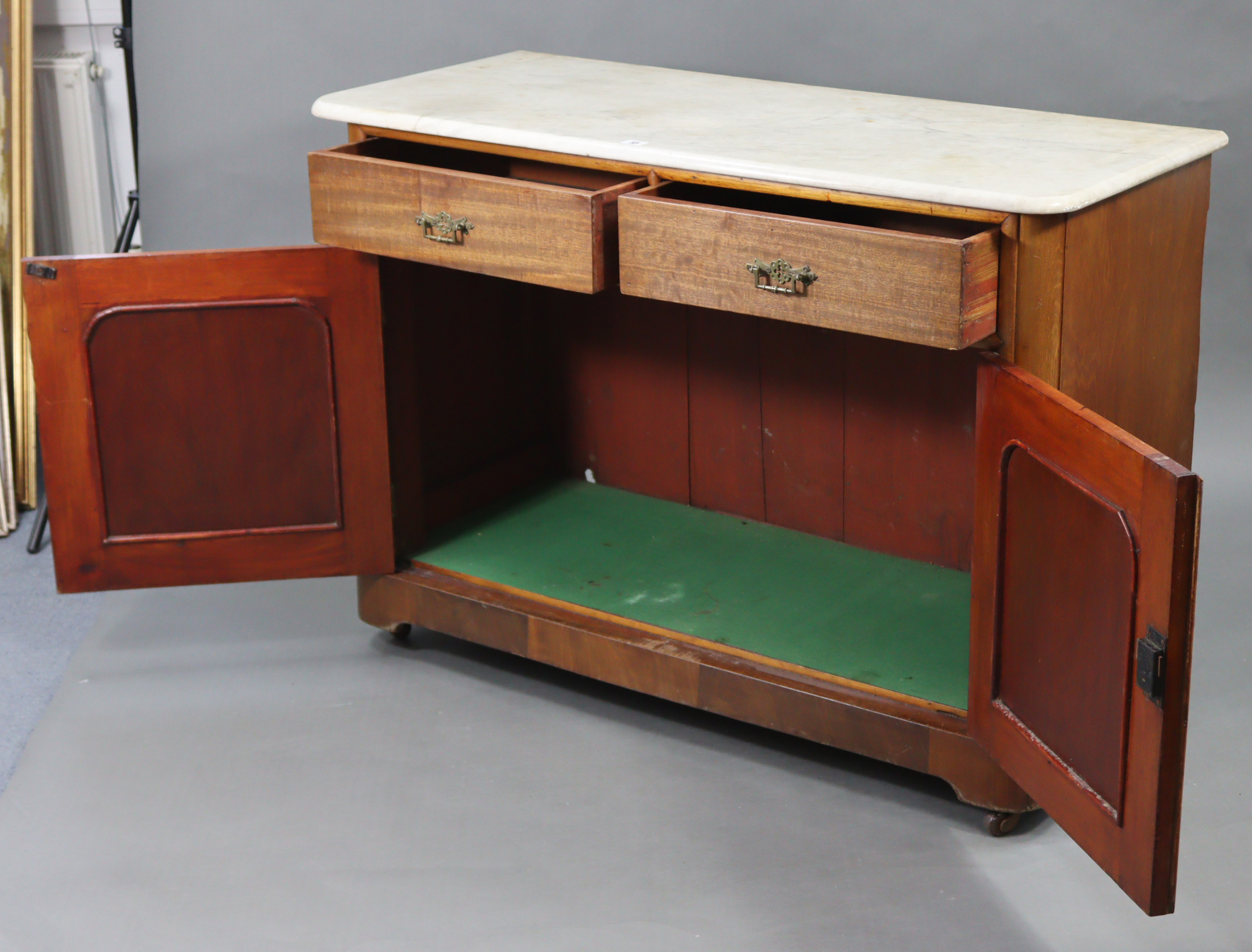 A Victorian mahogany marble-top washstand inset tiles to the stage-back, fitted two frieze drawers - Image 2 of 4