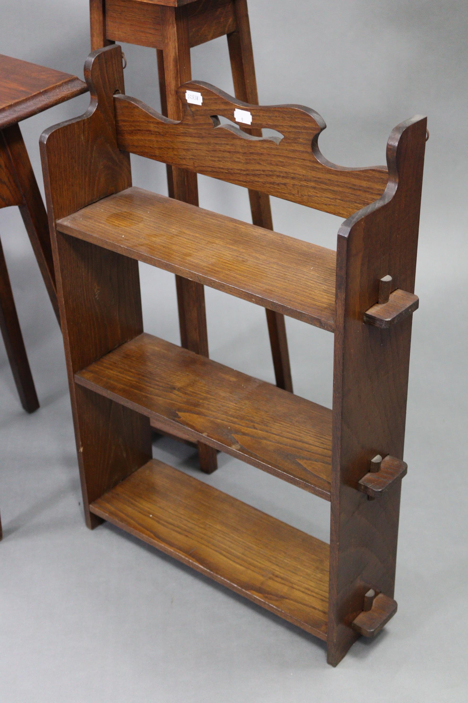 A set of oak wall shelves of three open tiers, 17¼” wide x 26½” high x 5½” deep; together with an - Image 2 of 7