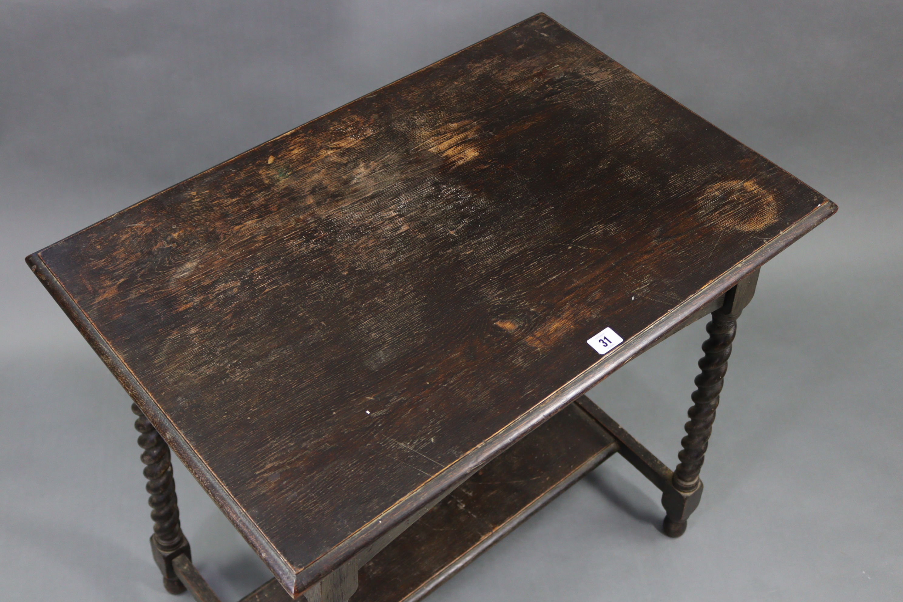 A 1930’s oak rectangular two-tier occasional table on barley-twist legs & turned feet, 30” wide x - Bild 3 aus 5