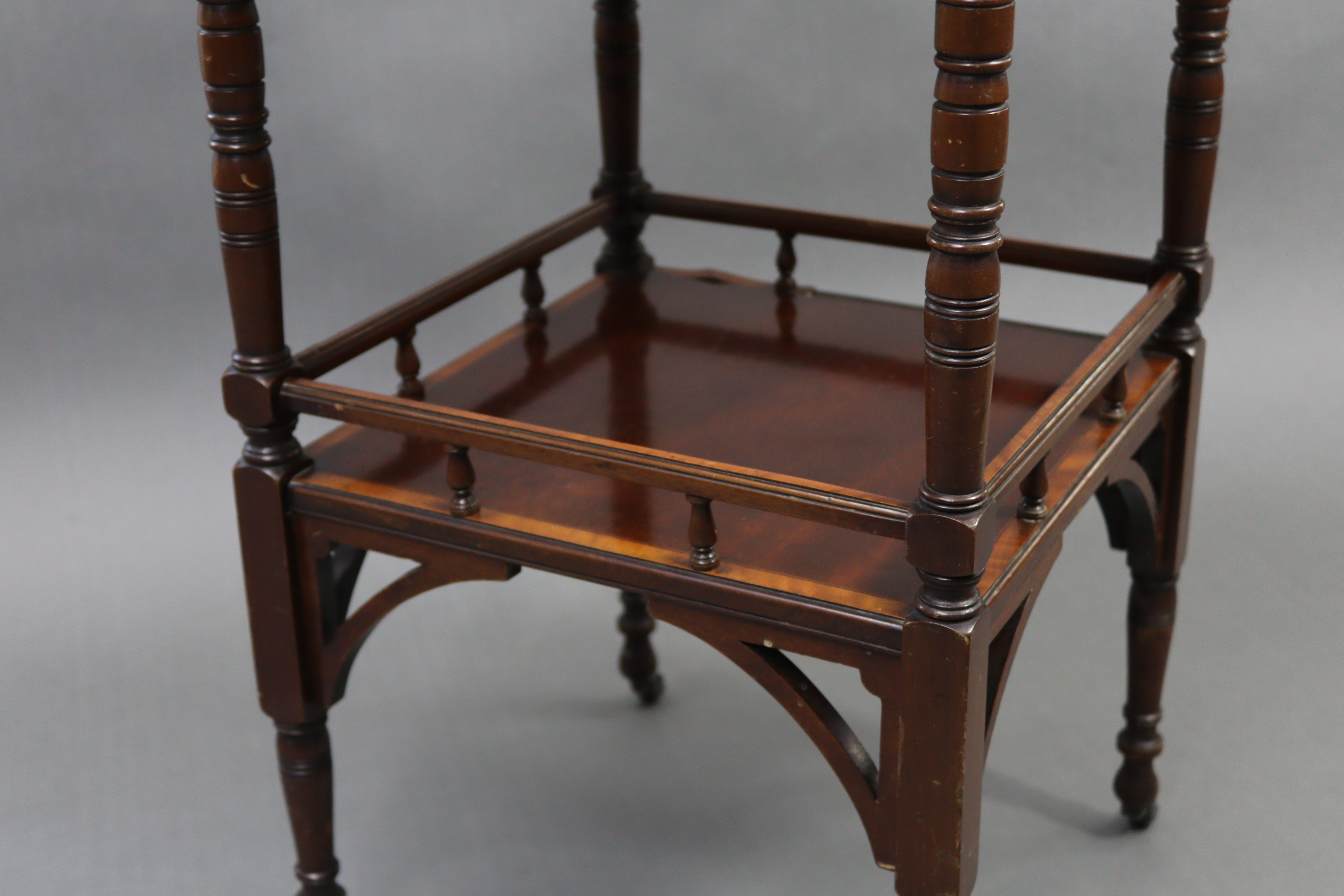 A late Victorian mahogany cross-banded square two-tier occasional table on turned supports with - Image 3 of 4