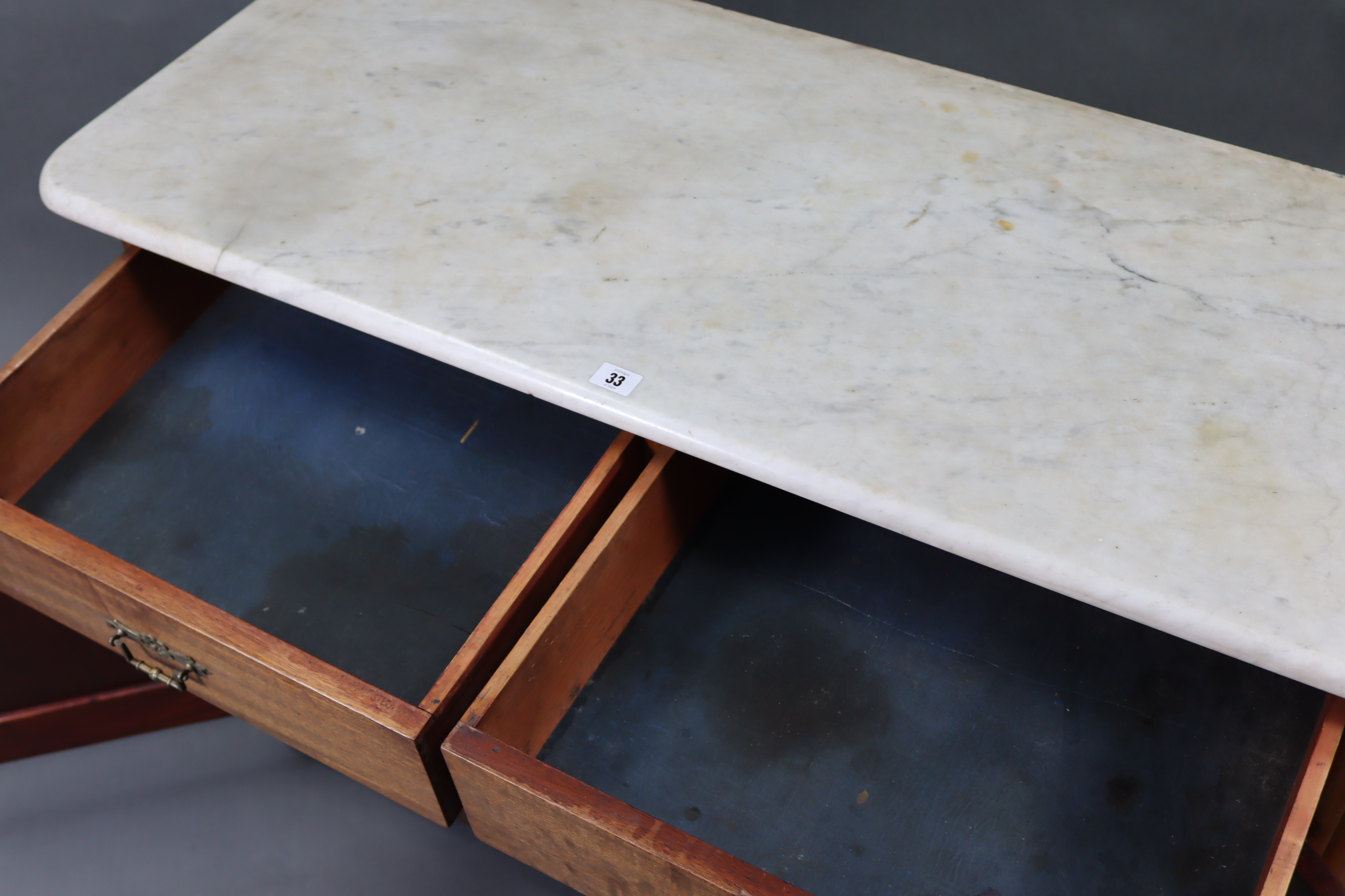 A Victorian mahogany marble-top washstand inset tiles to the stage-back, fitted two frieze drawers - Image 3 of 4