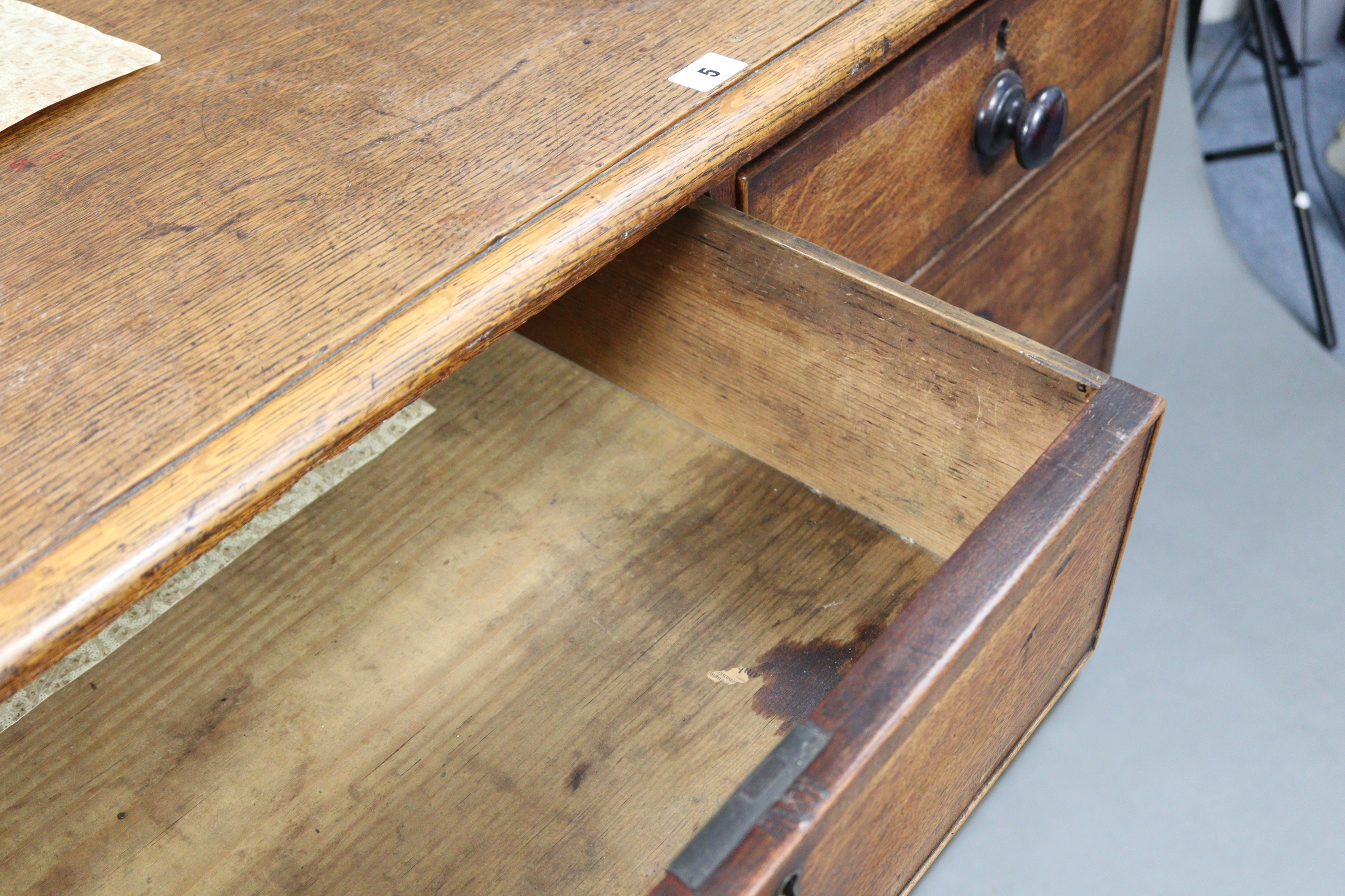 A 19th century oak chest fitted two short & three long graduated drawers with ebonised turned knob - Image 3 of 3