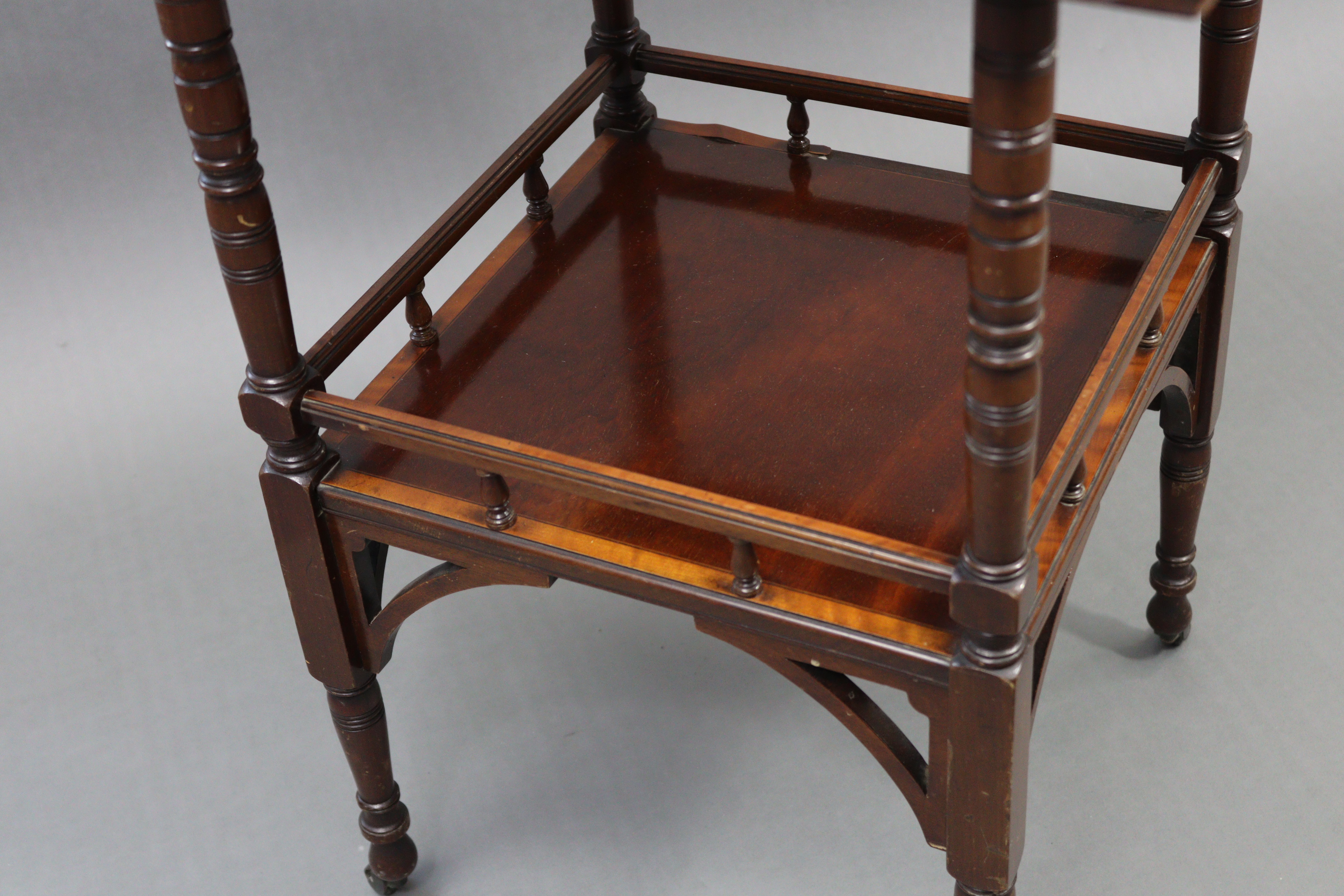 A late Victorian mahogany cross-banded square two-tier occasional table on turned supports with - Image 4 of 4