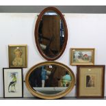 A gilt frame oval wall mirror, 19” x 25”; an oak frame ditto, 16” x 26”, both inset bevelled