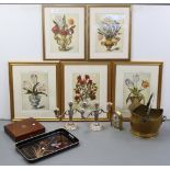 Five coloured botanical prints; a brass coal scuttle; a mahogany cutlery box; & sundry other items.