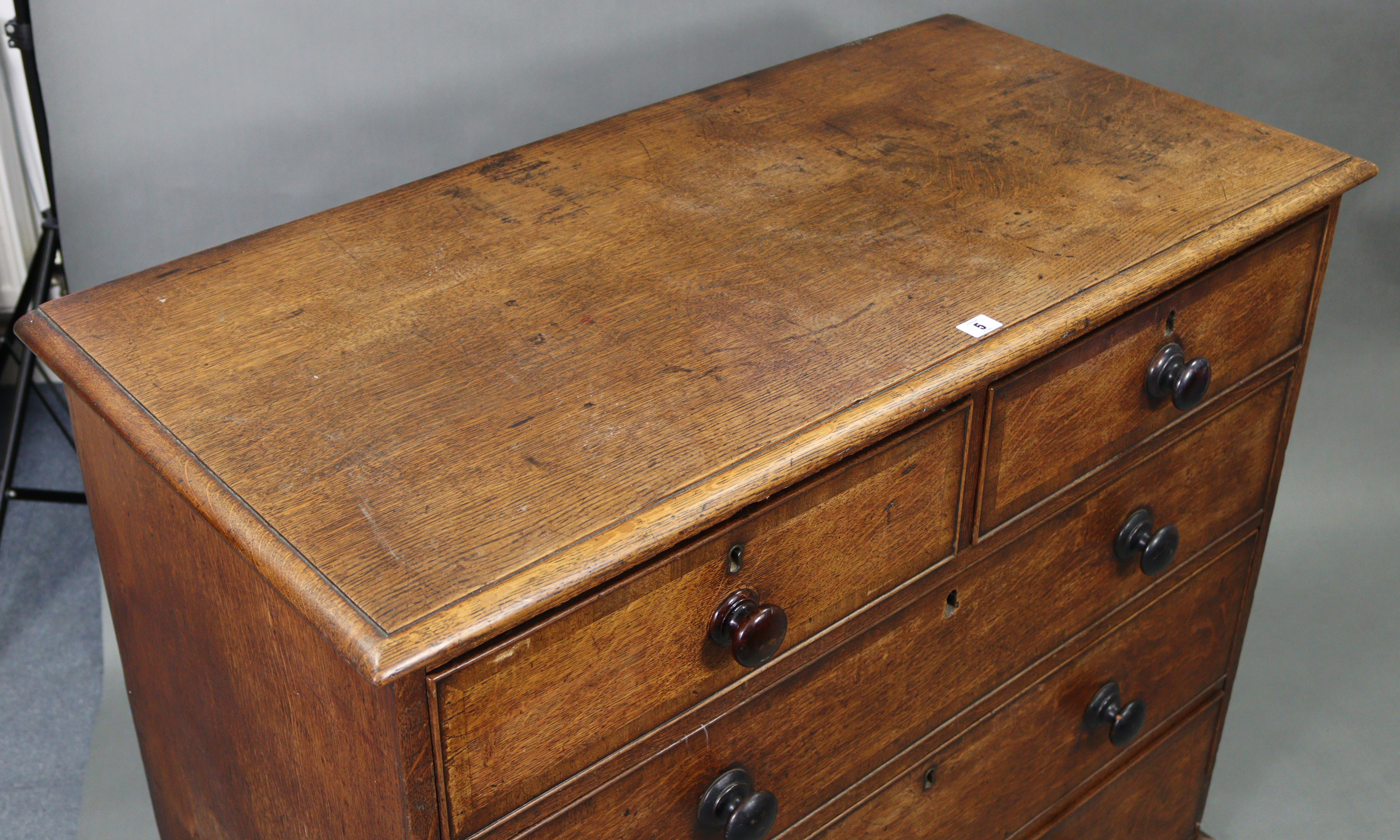 A 19th century oak chest fitted two short & three long graduated drawers with ebonised turned knob - Image 2 of 3