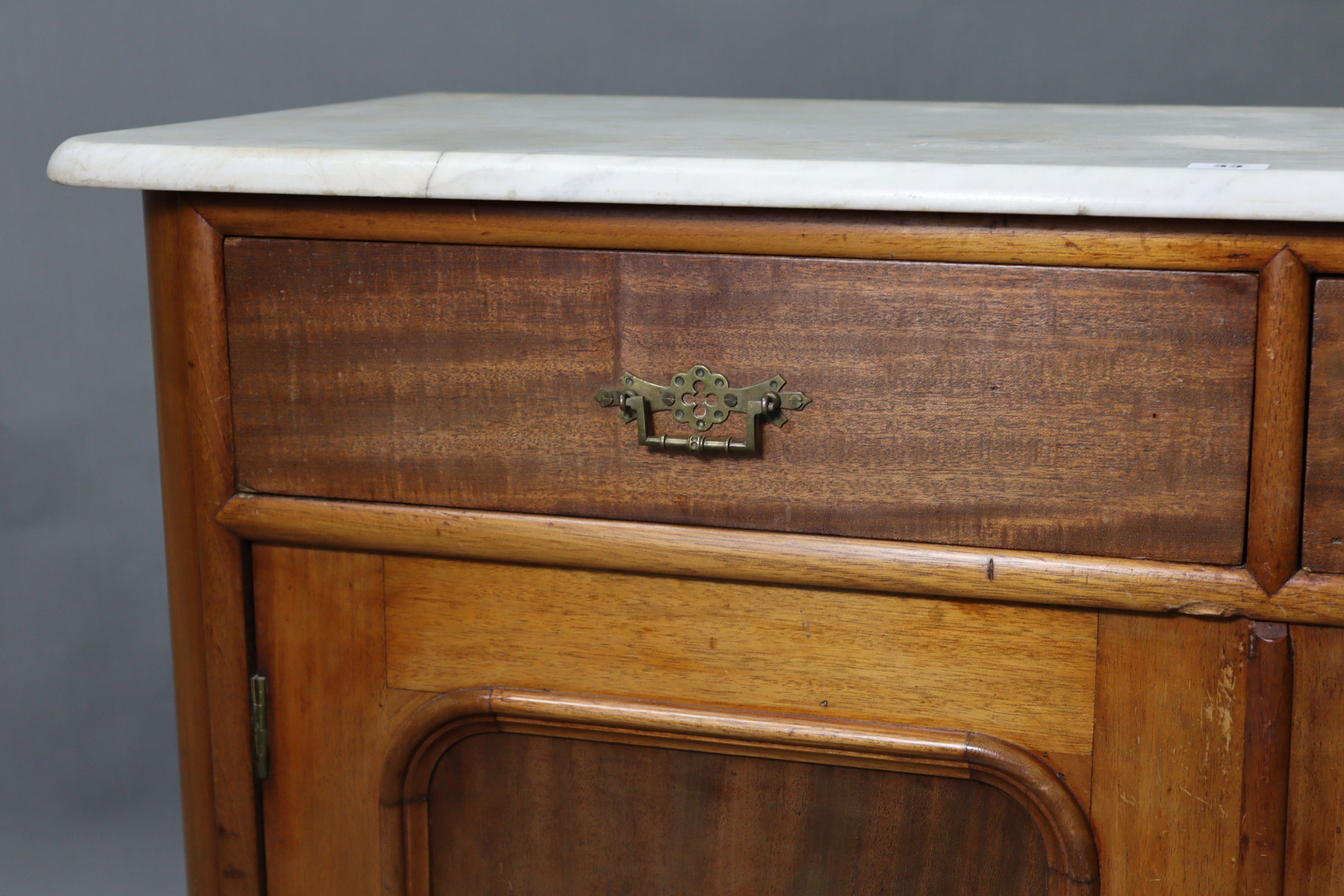 A Victorian mahogany marble-top washstand inset tiles to the stage-back, fitted two frieze drawers - Image 4 of 4