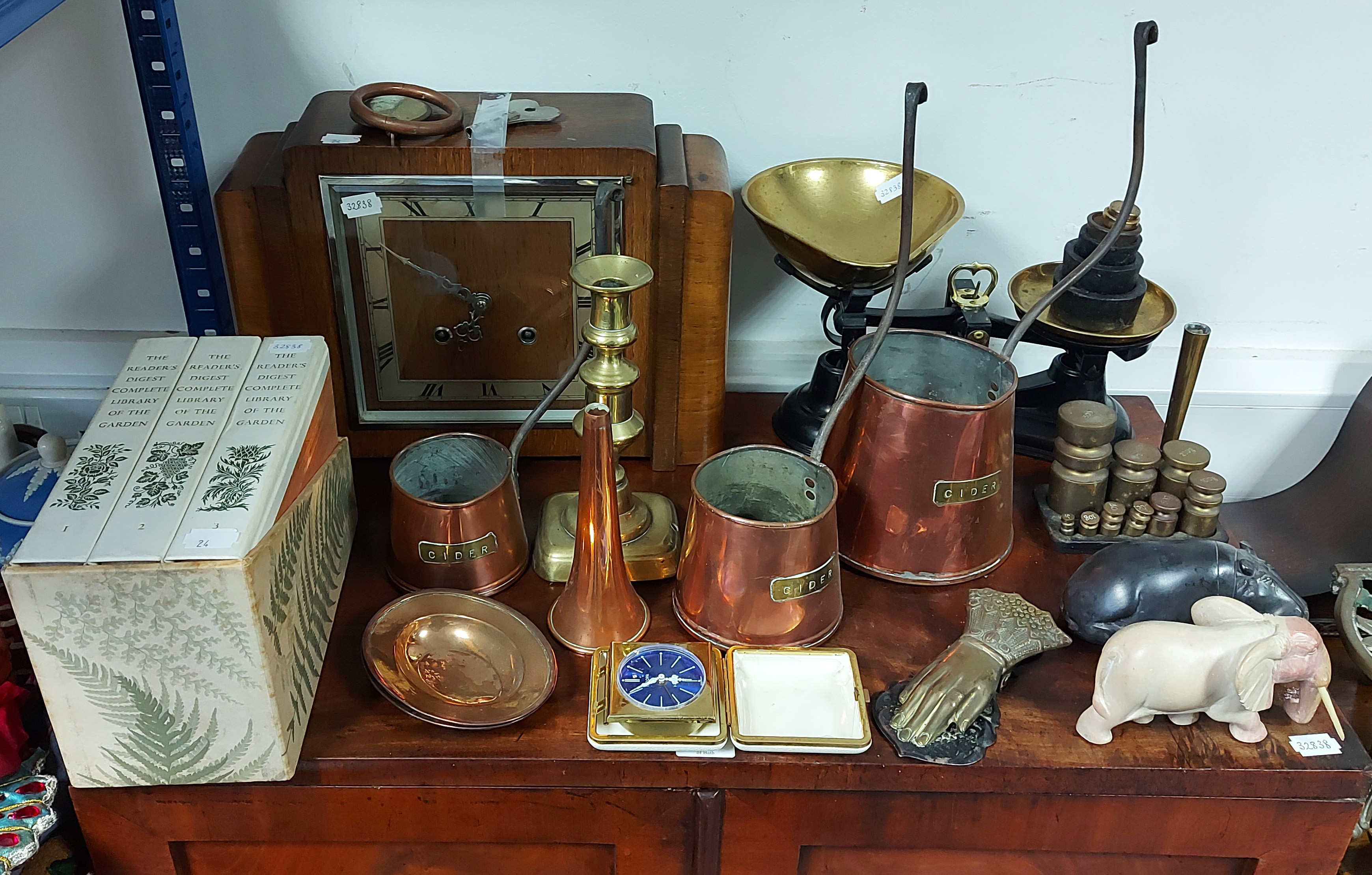 Two mid-20th century oak-cased mantel clocks, two 19th century trinket boxes, various items of