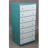 A turquoise & light grey painted wooden upright chest, fitted seven long drawers with turned knob