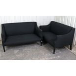 A pair of modern two-seater settees, each with square back & loose cushions to seat upholstered