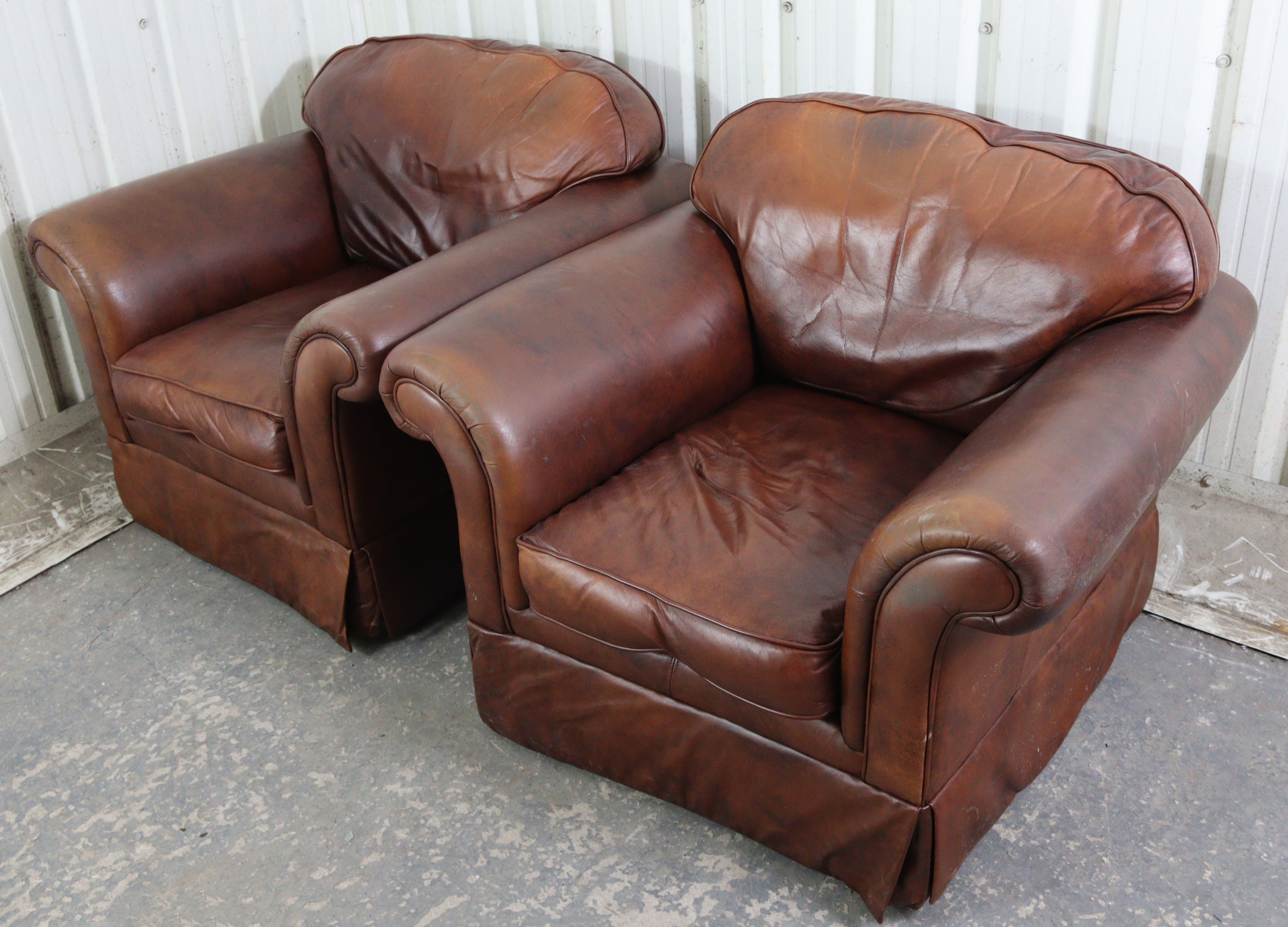 A tan leather three-piece lounge suite comprising of a two-seater settee, 59” long, & a pair of - Image 3 of 10