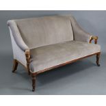 A 19th century walnut frame two-seater sofa, upholstered light grey velour, with turned supports