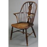 A 19th century ash & elm Windsor chair, with pierced splat back to the hooped spindle back, curved
