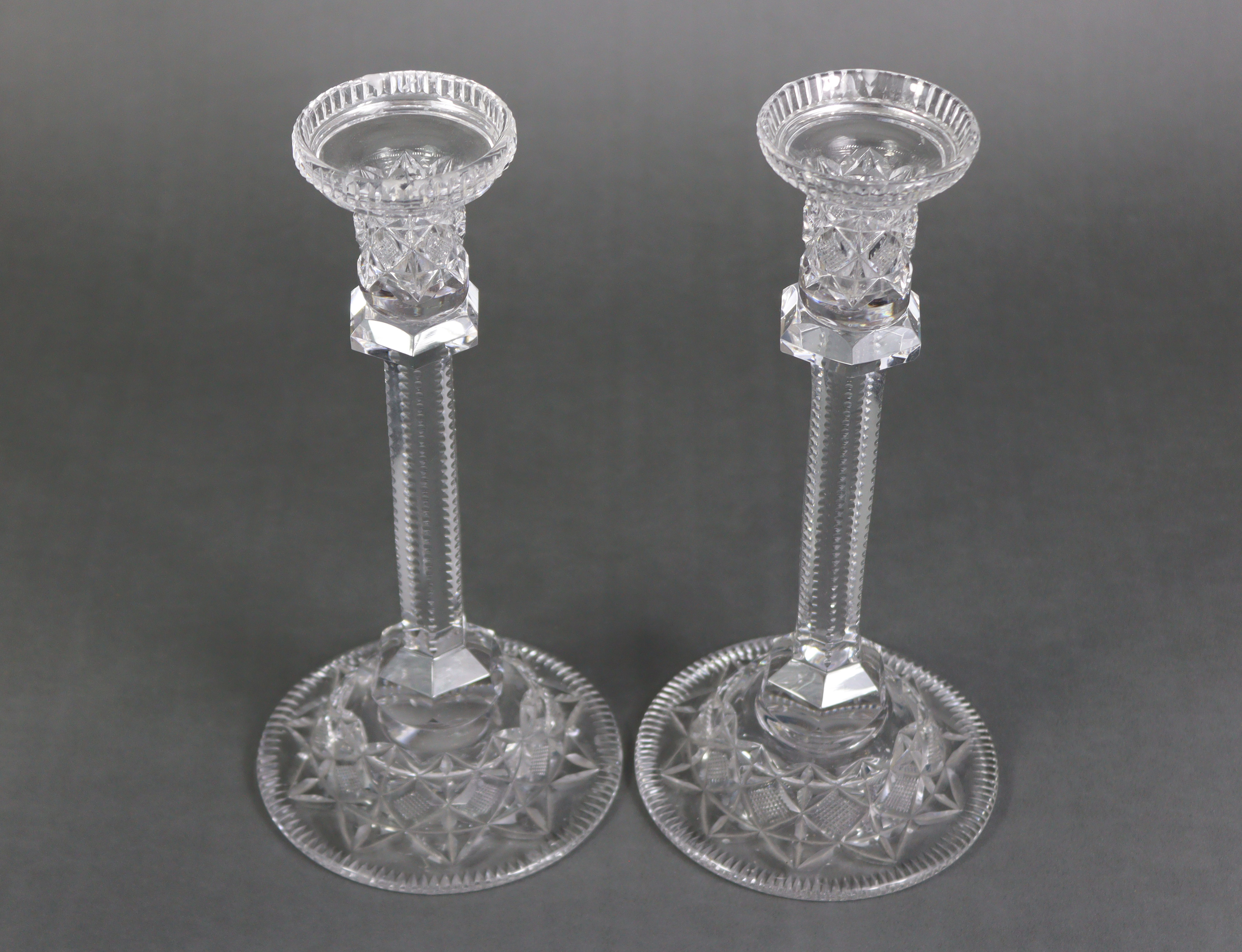 A pair of large cut-glass candlesticks, each with hobnail decoration, hexagonal faceted column, & - Image 3 of 10