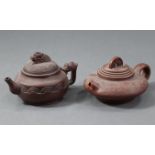 A Chinese Yixing squat round teapot with wave border & dragon handle; & another with relief