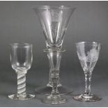 An 18th century liqueur glass with bell-shaped bowl on double-knop stem & folded foot, 4?”;