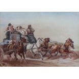 ENGLISH SCHOOL, 19th century. A stage coach passing a horse & cart; watercolour: 7” x 10”; & a