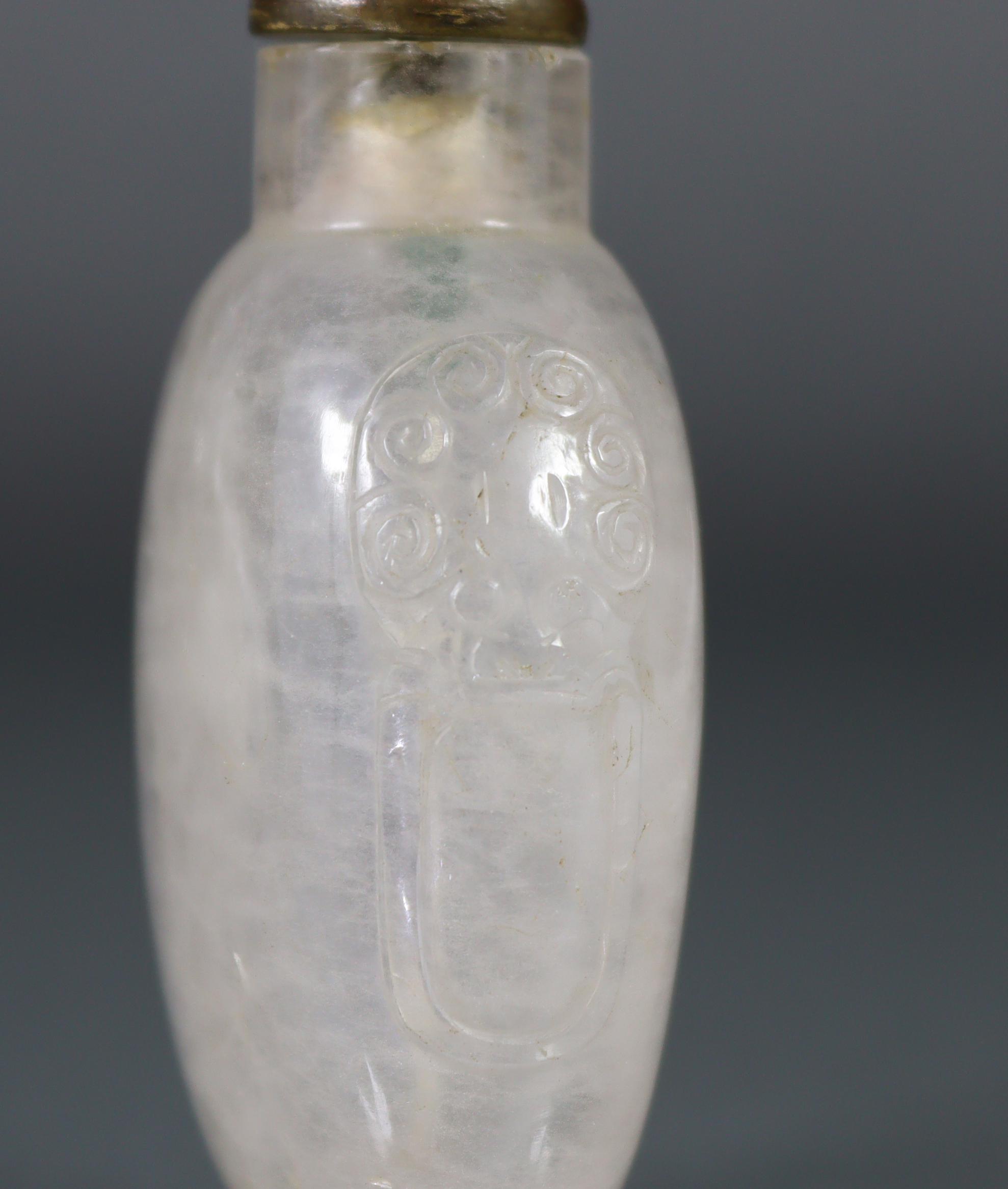 A Chinese carved crystal snuff bottle of rounded ovoid form, with mask-&-ring handles to each - Image 6 of 11