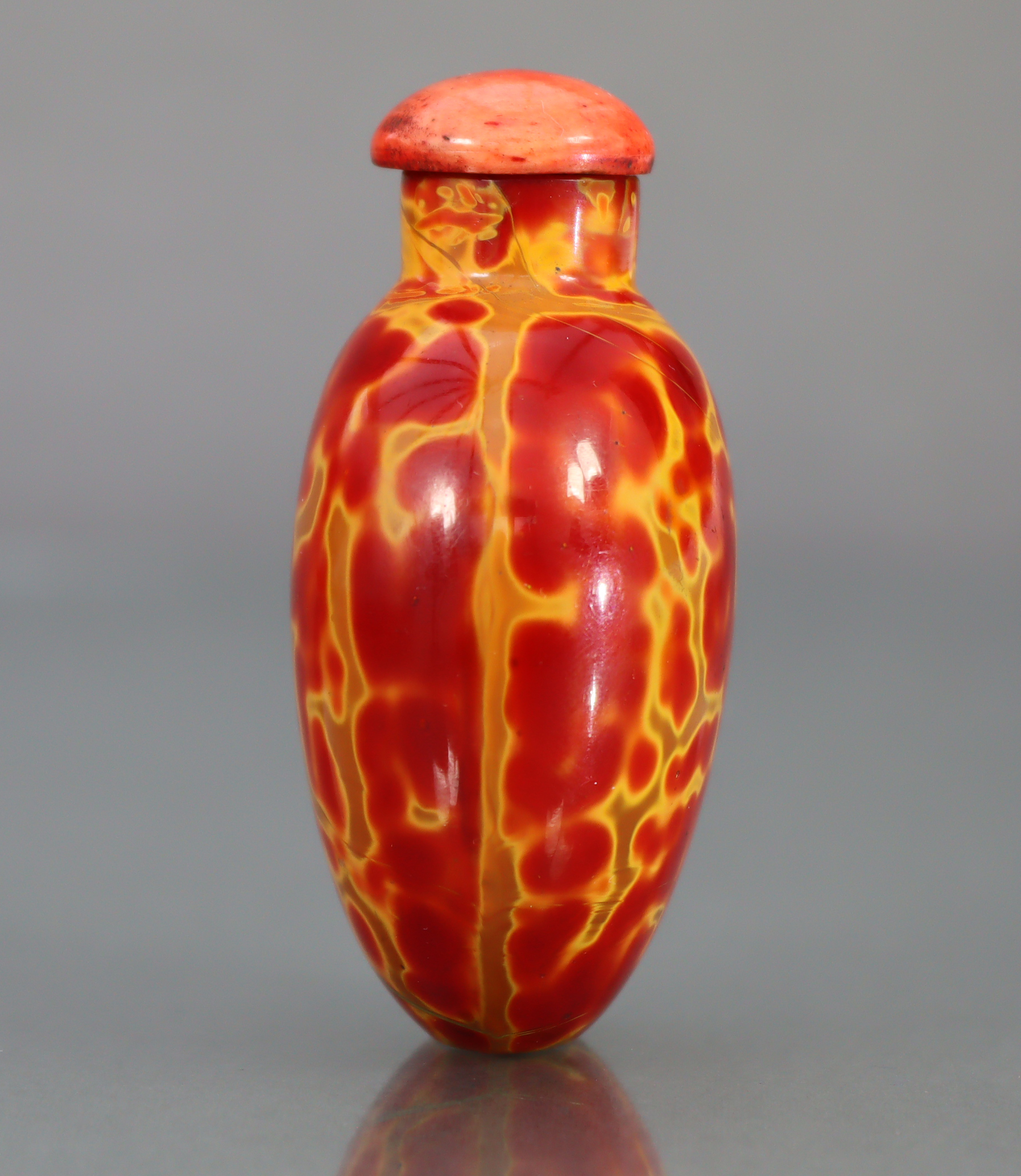 A CHINESE 'REALGAR' GLASS SNUFF BOTTLE, of rounded ovoid form & bright red & yellow colour, 2¼” high - Image 4 of 10