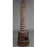 An antique French oak wine press screw, with iron strap supports, 54” high x 12” diam.