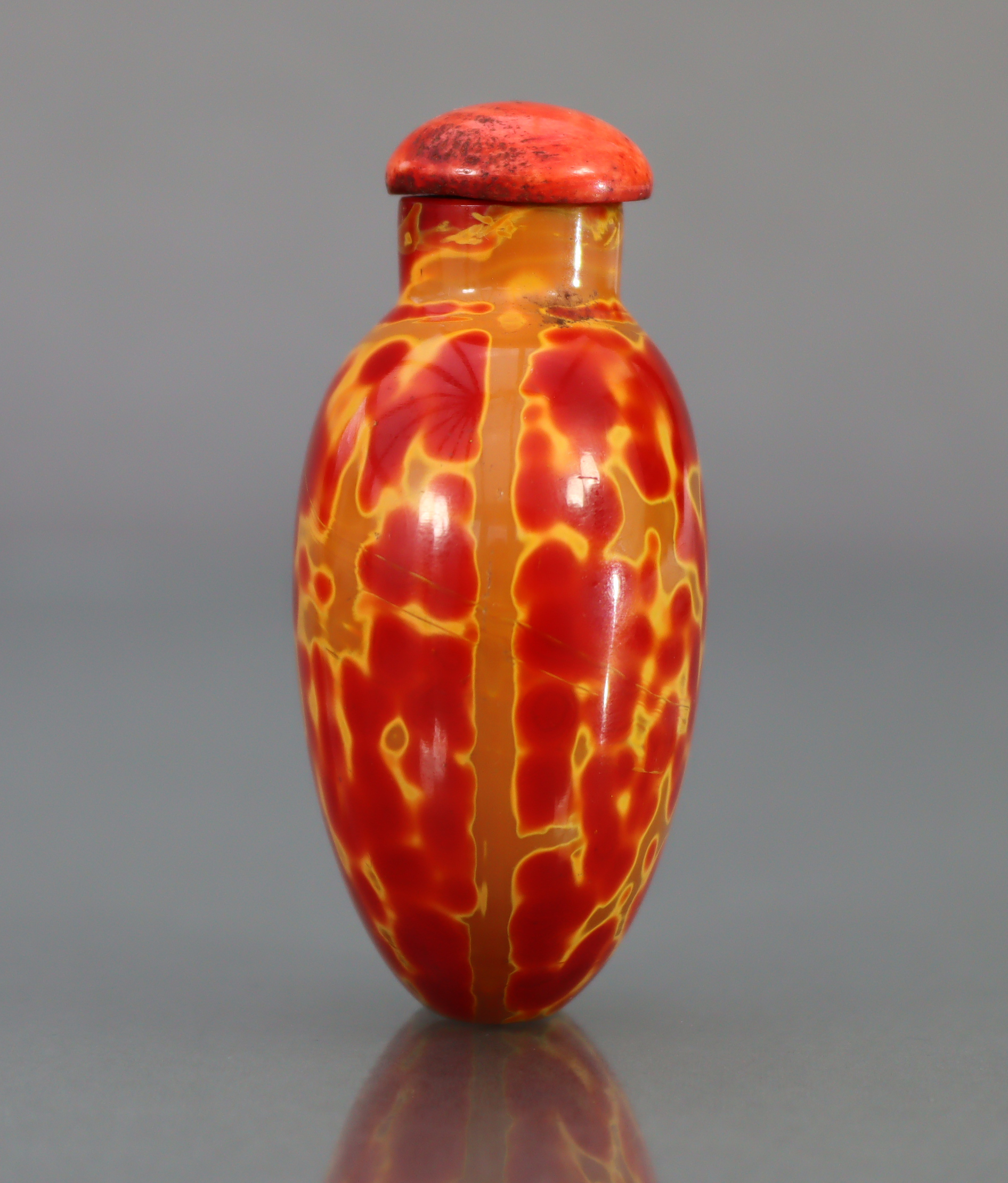 A CHINESE 'REALGAR' GLASS SNUFF BOTTLE, of rounded ovoid form & bright red & yellow colour, 2¼” high - Image 5 of 10