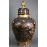 A 19th century Japanese porcelain large baluster vase & cover with black ground gilt lacquer