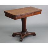 A William IV mahogany card table, with rounded corners to the rectangular fold-over top, inset green