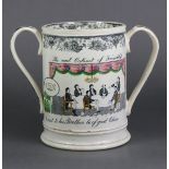 An early 19th century Staffordshire pearlware large loving cup, with black transfer & polychromed