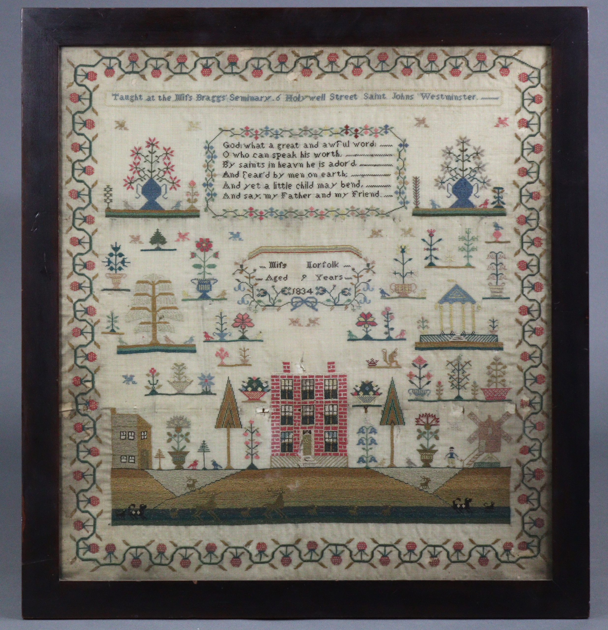 A WILLIAM IV SILK NEEDLEWORK SAMPLER, worked by “Miss Norfolk, Aged 9 Years”, dated 1834 to the