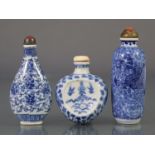 Three Chinese blue & white porcelain snuff bottles, comprising a peach form flat-sided bottle,